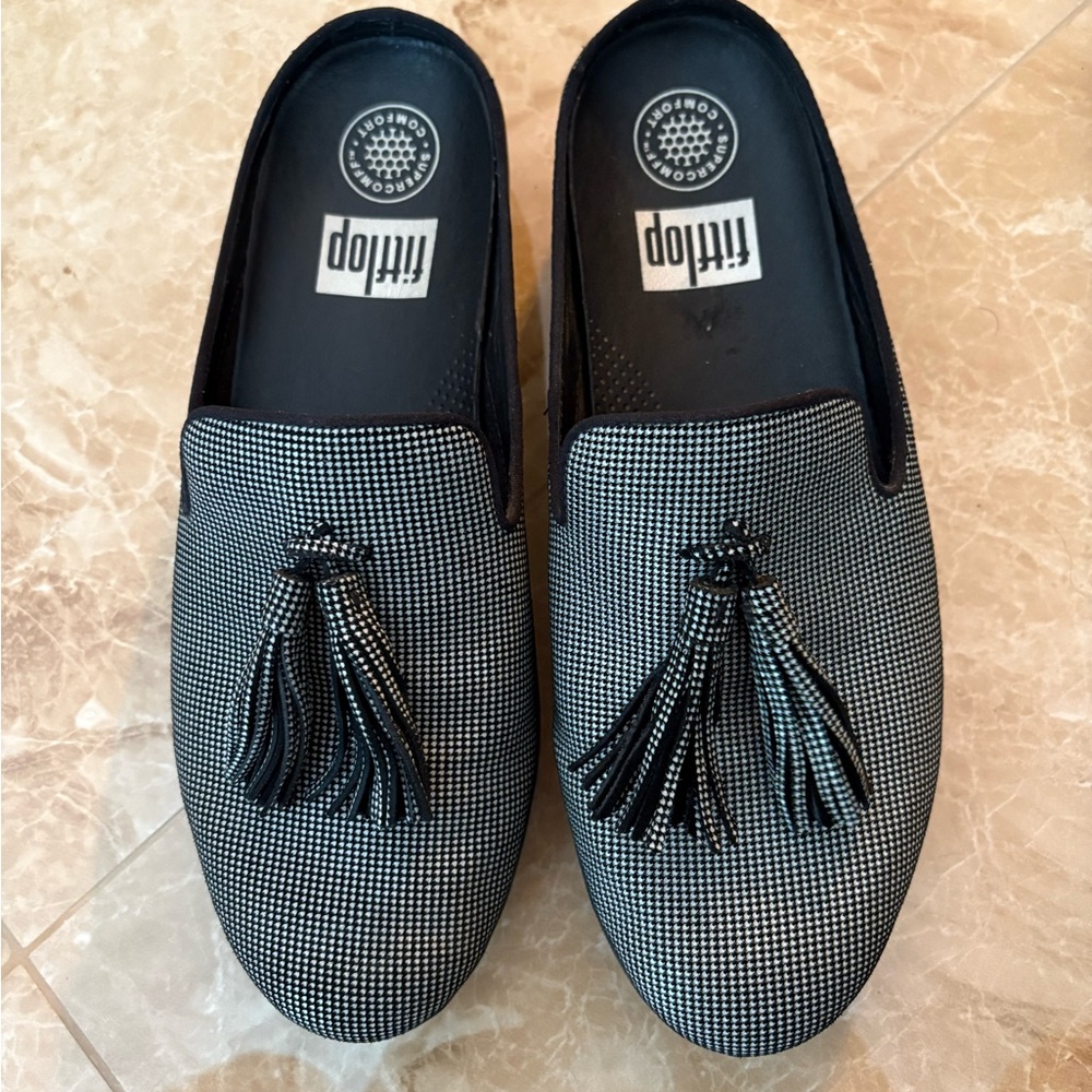 FitFlop Womens Black/White Houndstooth Design Superskate Slip On Loafer Size 7.5